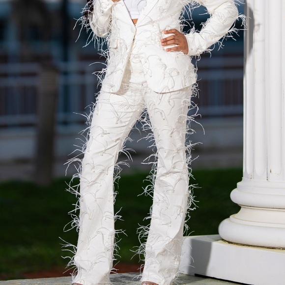 All white feathered two piece suit set